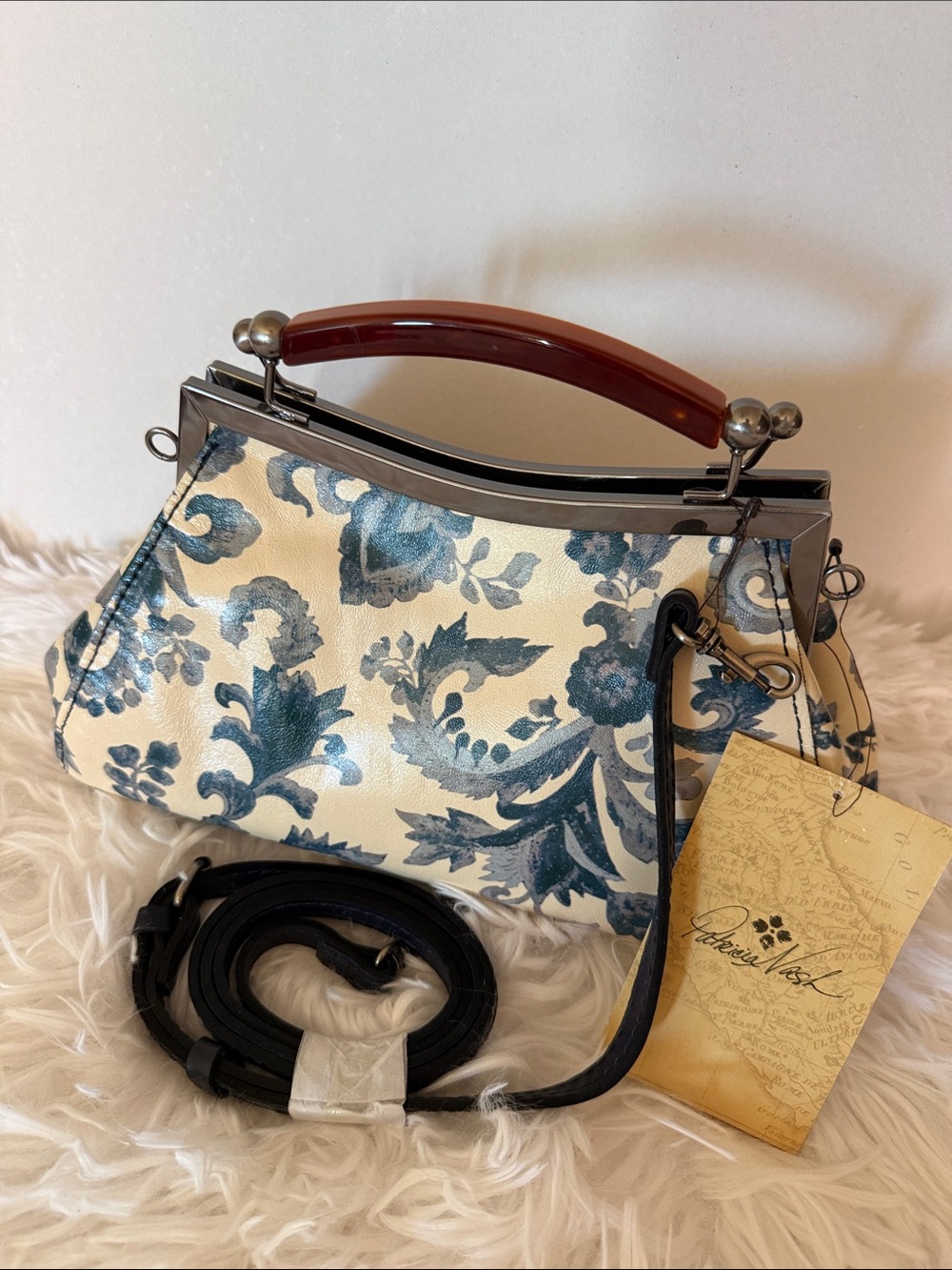 Patricia Nash Cream and Teal Floral Frame Clutch